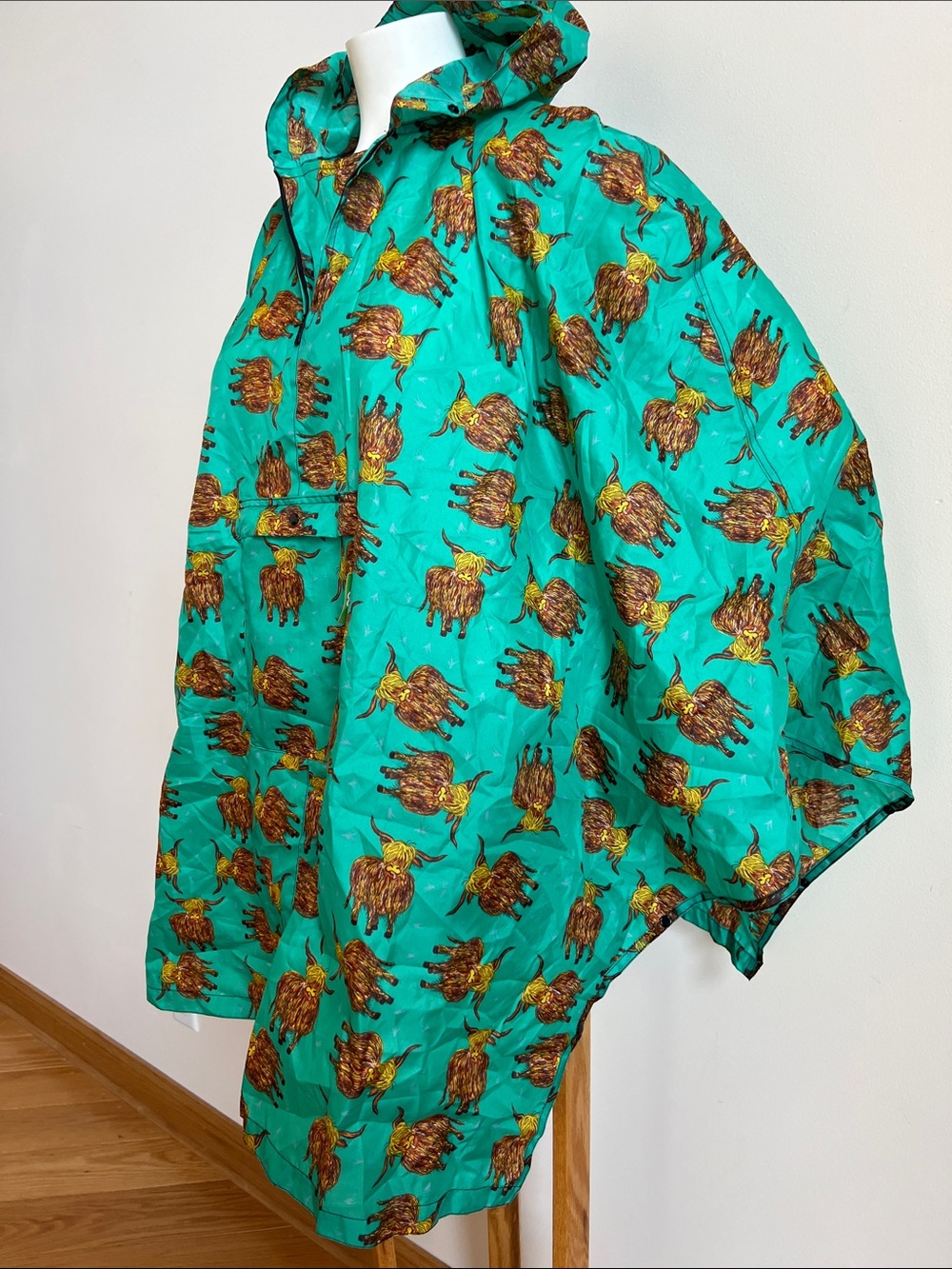 eco chic highland cow packable rain jacket cape Teal Women's Cape-Style Jacket - Picture 4 of 9